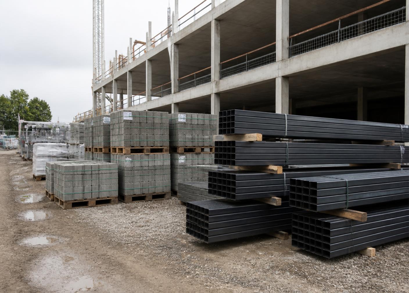 Pallets de bloques y perfiles de acero acopiados junto a una estructura de hormigón en obra